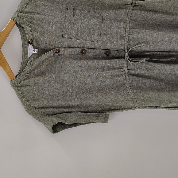 Time & Tru Linen Blend Green Dress Size Medium Quarter Button Drawstring Waist - Picture 2 of 9